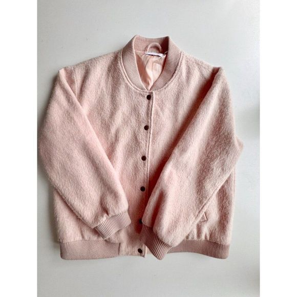 GANNI Inglewood Rose Smoke Pink Furry Wool Blend Varsity Bomber Jacket, Size L - Picture 7 of 15
